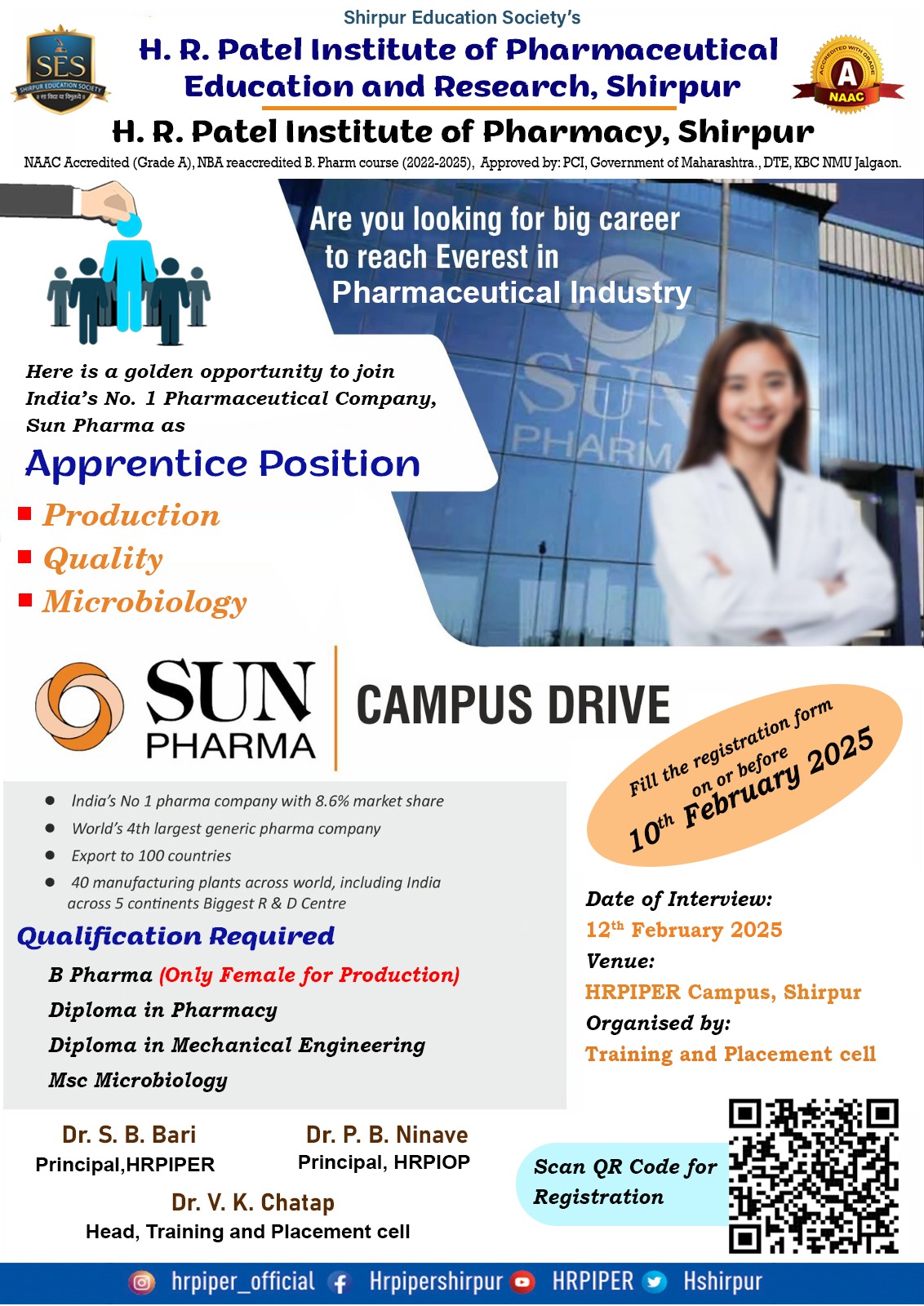 Offline Campus Interview with *Sun Pharmaceutical Industries Limited, Halol, Gujrat at HRPIPER, Shirpur.